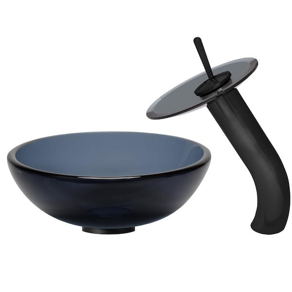 Novatto Clear Grey Mini Glass Vessel Bath Sink and Faucet Set, Matte Black NSFC-168G-1217003MB - main